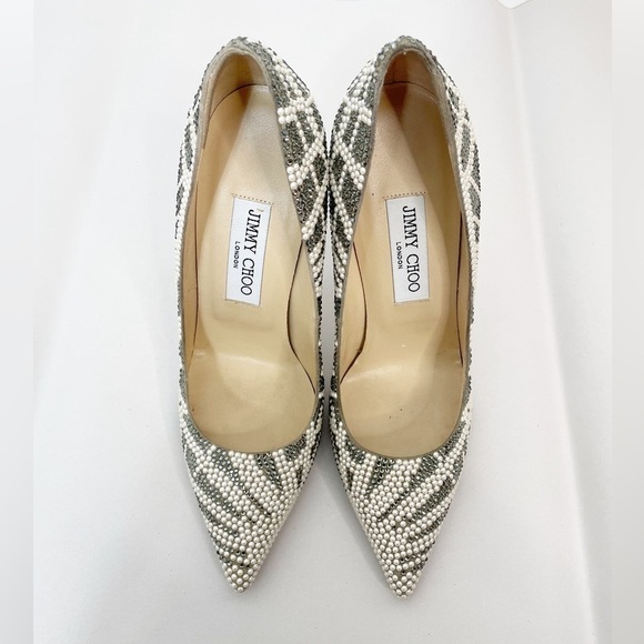 Jimmy Choo Anouk Pearl Crystal Suede Embellished Heel Pumps - Picture 7 of 8